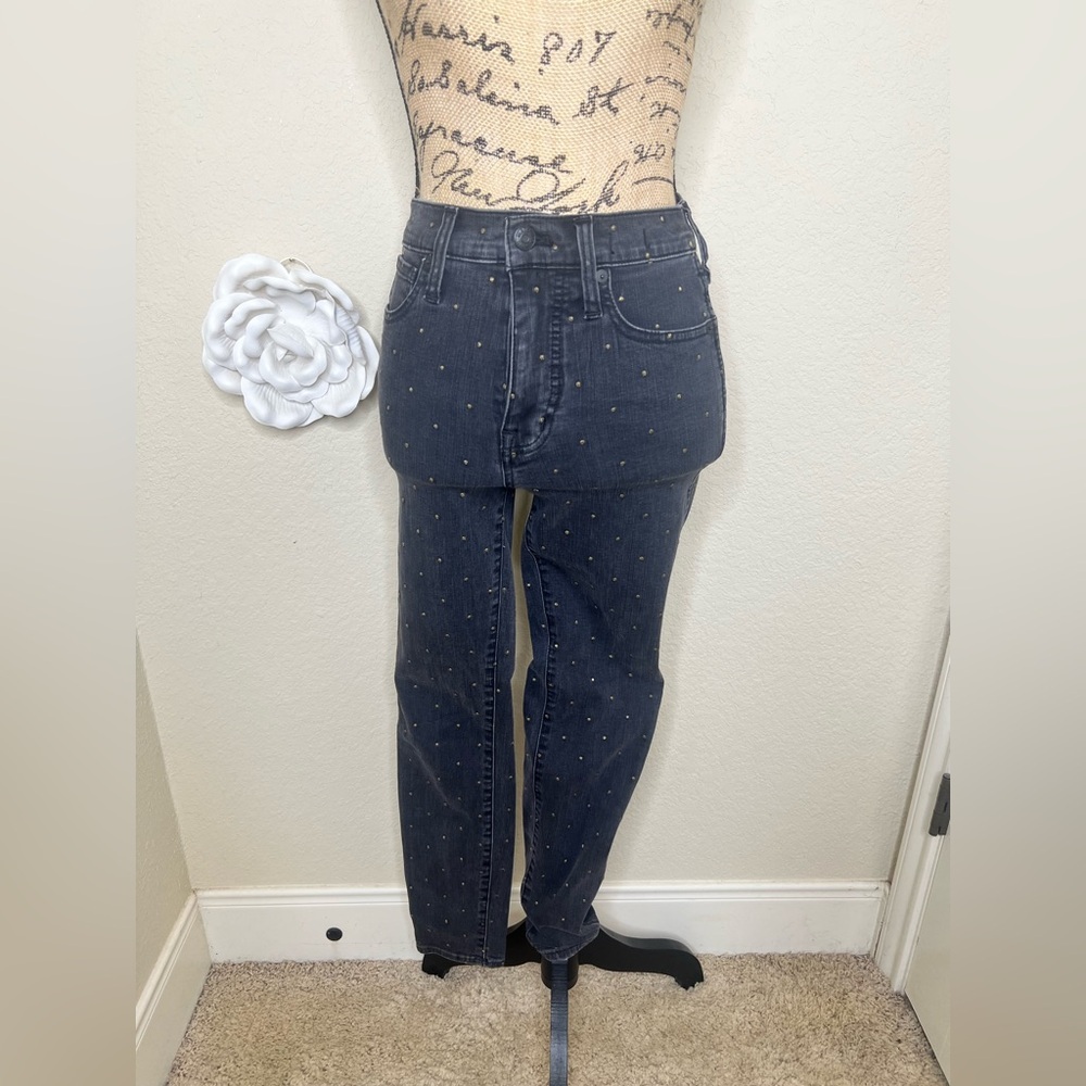 Madewell High Rise Skinny Washed Out Black & Gold Metallic Dot Jeans Sz 25